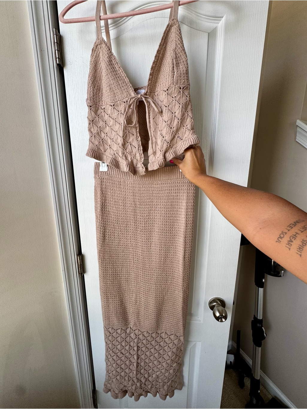 Olive & Oak Beige Knit Maxi Skirt With Matching Knit Top